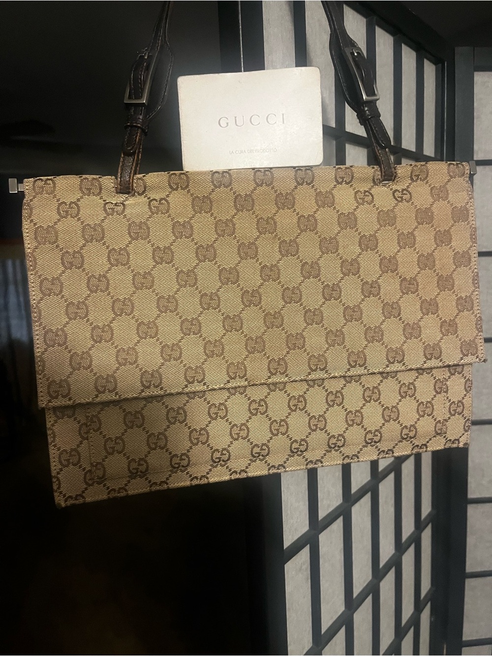 Gucci Brown GG Canvas Shoulder Bag with Dark Brown Straps